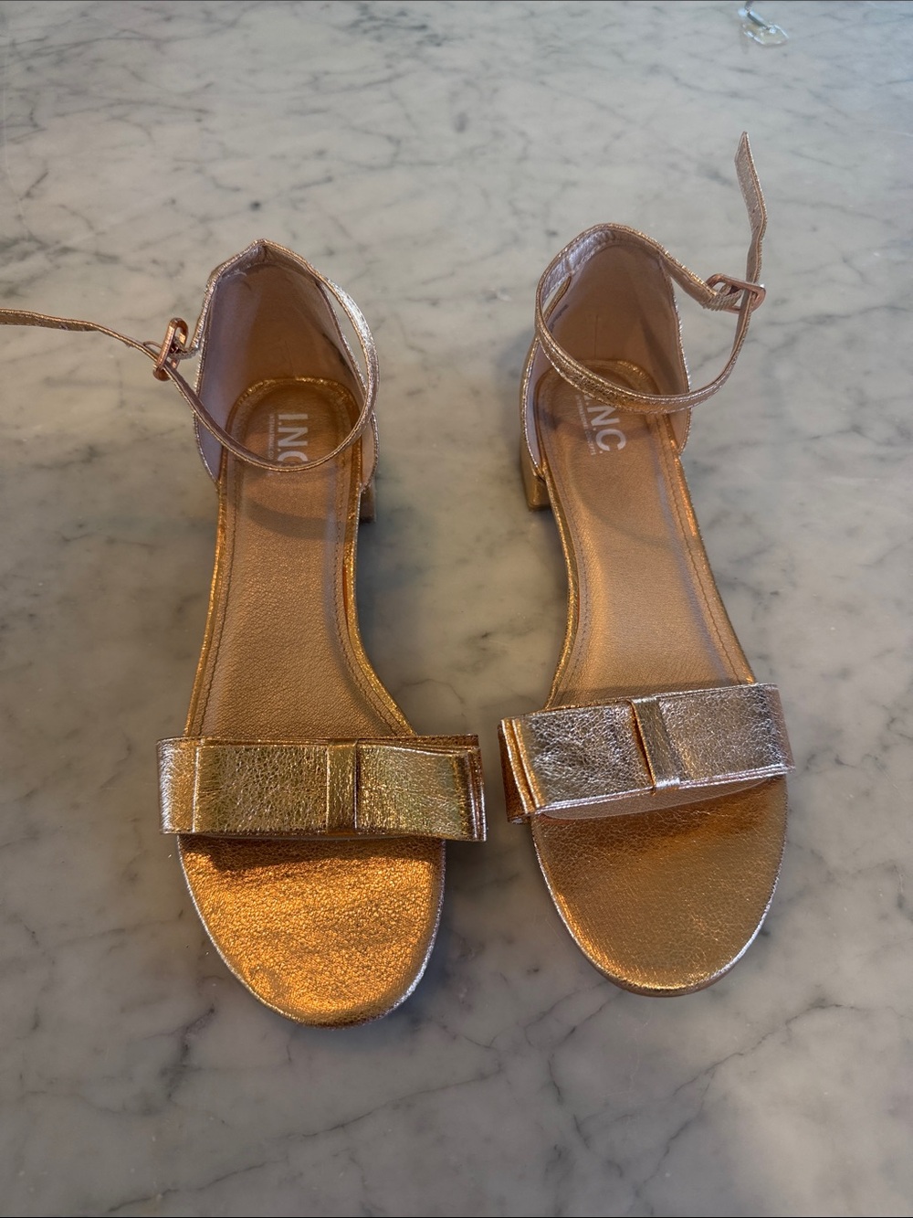INC International Concepts Metallic Rose Gold Bow Ankle-Strap Sandals